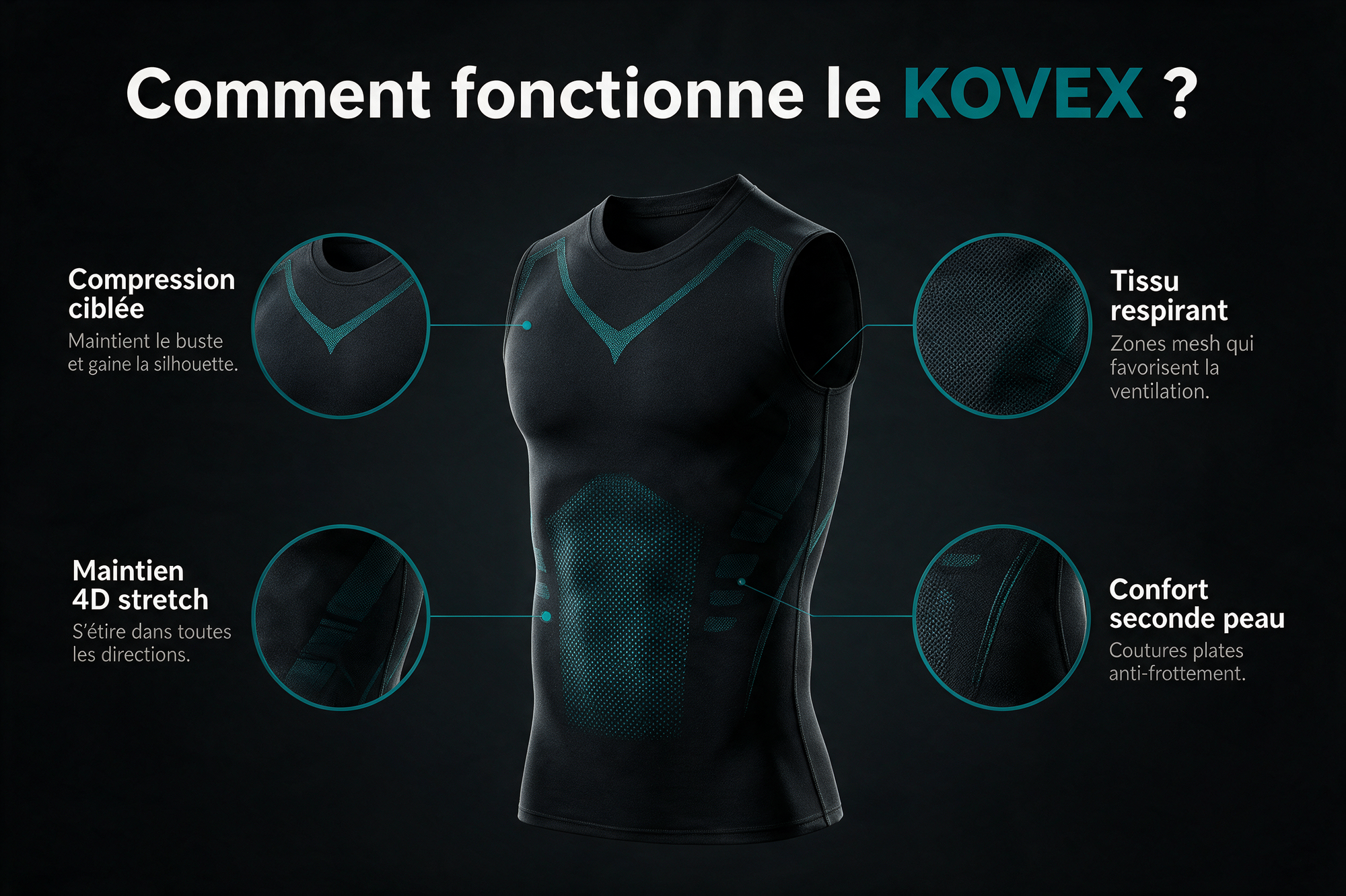 Comment fonctionne le Kovex Gainer - infographie compression, tissu respirant, maintien 4D stretch, confort seconde peau